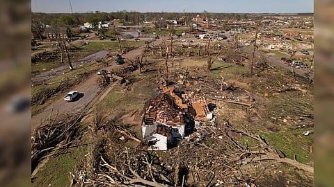 An aerial view of destroyed homes after thunderstorms spawning high straight-line winds and tornadoes ripped across the state in Rolling Fork, Mississippi