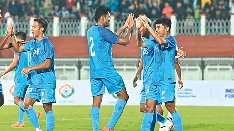 India players celebrate their goal against Myanmar.