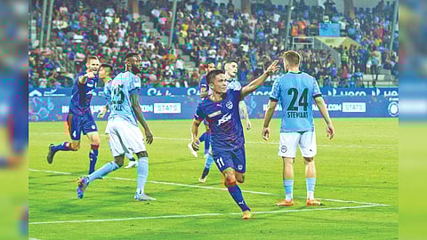 Bengaluru FC forward Sunil Chhetri celebrates after breaking the deadlock