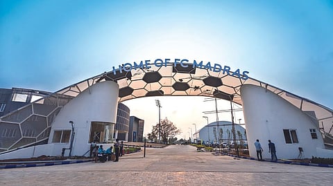 The entrance of the ?Home of FC Madras?; (inset) one of the three pitches at the academy
