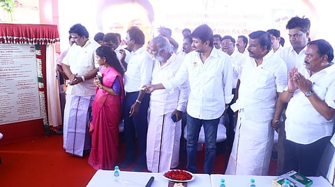 Minister KN Nehru along with minister for Youth Welfare and Sports Development Udhayanidhi Stalin laid the foundation stone for the new bridge works