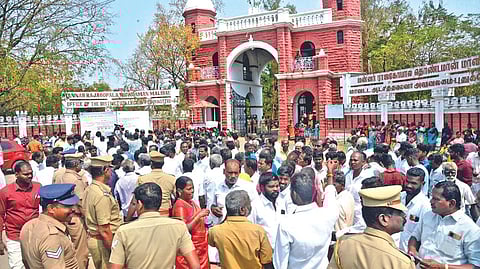 Residents staging a protest in front of the Pudukkottai Collectorate on Tuesday