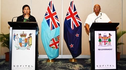 Fijian Prime Minister Sitiveni Rabuka and visiting New Zealand Foreign Minister Nanaia Mahuta