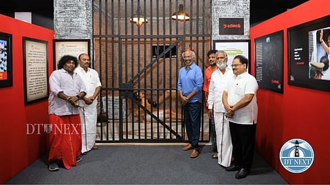Actor Rajinikanth with Minister for HR&CE PK Sekar Babu, actor Yogi Babu, and others at CM Stalin's photo exhibition.