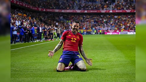 Spain?s Joselu celebrates scoring his side?s 3rd goal during the Euro 2024 group A qualifying soccer match between Spain and Norway
