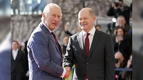 German Chancellor Olaf Scholz welcomes Britain's King Charles III at the chancellery in Berlin