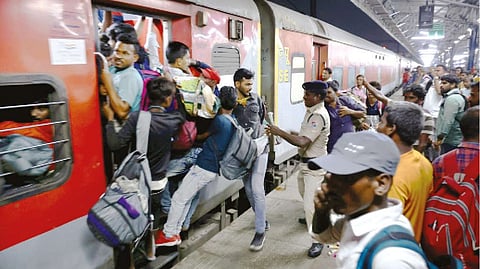 Migrant workers boarding the train