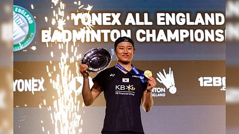 South Korea's An Se-young celebrates on the podium after winning the women's singles final Action