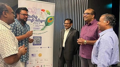 Tamil Language Council chairman Manogaran Suppiah (third from right) with council members (from left) Azhagiya Pandiyan, Karthikeyan Somasundaram, Narayanan SNV and J Manickavasagam.