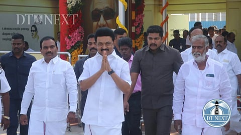 Stalin paid floral tributes and laid wreaths to former CM's Annadurai and Karunanidhi