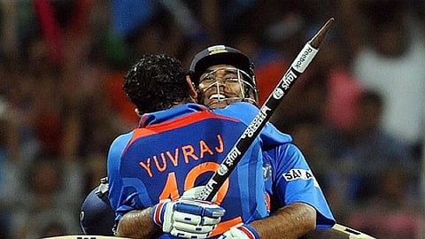 MS Dhoni and Yuvraj Singh after the winning shot in final