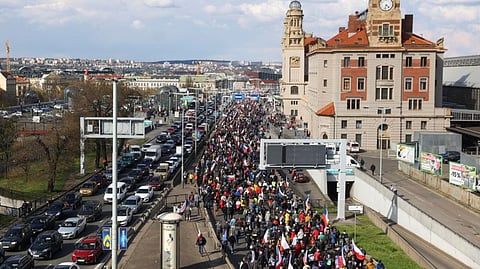 Demonstrators take part in an anti-government protest rally in Prague, Czech Republic, April 16, 2023.