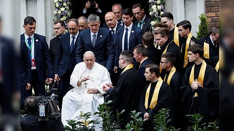 Pope Francis leaves the Greek Catholic Church of the Intercession of the Theotokos after meeting with the Greek Catholic community, during his apostolic journey in Budapest, Hungary