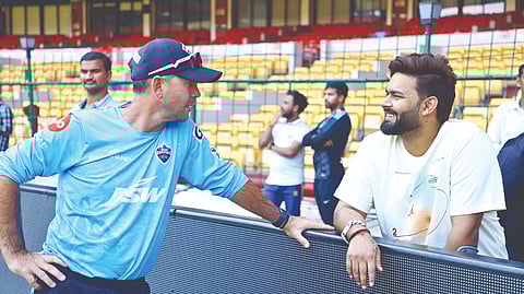 Rishabh Pant with head coach Ricky Ponting on the sidelines of a training session on Friday
