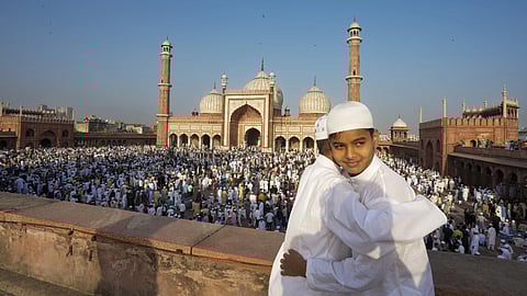 People offer namaz at Delhi's Jama Masjid.