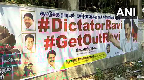 Posters with hashtags 'Get out Ravi' and 'Dictator Ravi' were seen at various places in Chennai today.