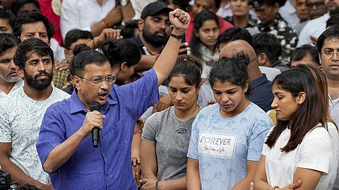 Delhi Chief Minister Arvind Kejriwal with wrestlers protesting against Wrestlers Federation of India (WFI) chief Brij Bhushan Sharan Singh.