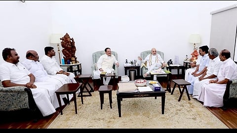 Senior BJP leaders Amit Shah and JP Nadda meeting with AIADMK leader Palaniswami and State BJP chief Annamalai