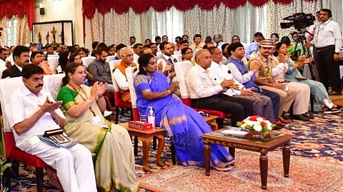 Telangana Governor Tamilisai Soundararajan listening to PM Modi's Mann Ki Baat 100th episode along with personalities at its special screening organised at Raj Bhavan.