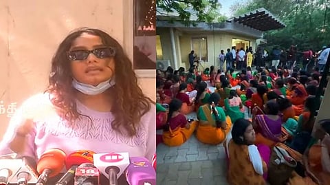 Actress Abhirami Venkatachalam speaking to reporters in Chennai on Kalakshetra row.