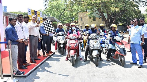 Director of CMRL Rajesh Chaturvedi flags off the launch of the first-ever women-driven Rapido bike taxi service at Nandanam Metro Station.