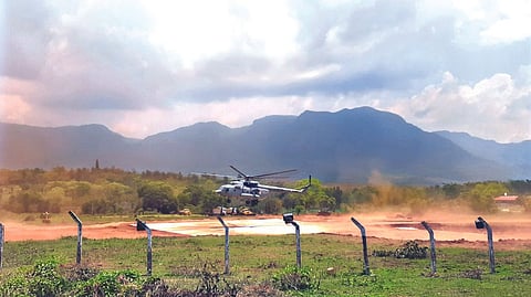The helicopter landing trials being undertaken at Masinagudi, The Nilgiris on Friday