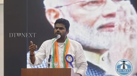 Annamalai delivering the speech in the launch event of "DMK Files"