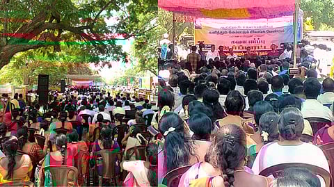 About 2,500 teachers working in Adi Dravidar Welfare Schools under the department staged a protest at Rajarathinam stadium.