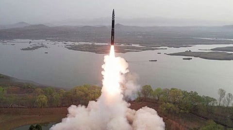 A view of a test launch of a new solid-fuel intercontinental ballistic missile (ICBM) Hwasong-18 at an undisclosed location in this still image of a photo used in a video released by North Korea's Korean Central News Agency