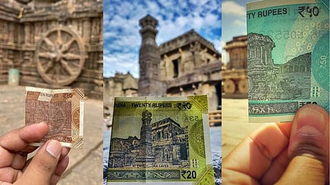 Historical landmarks printed on Indian currency notes with the picture from on-location.
