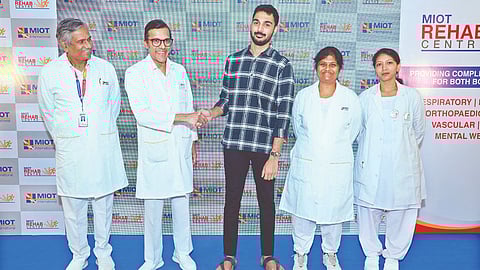 Dr S Sunder, HOD, Physical Medicine and Rehabilitation,
Dr Prithvi Mohandas,
MD-MIOT, Pranesh Vishnu, patient who successfully underwent spinal rehab, Dr P Sathya, Head of
critical care services, and Vaheda, Head of the rehab centre