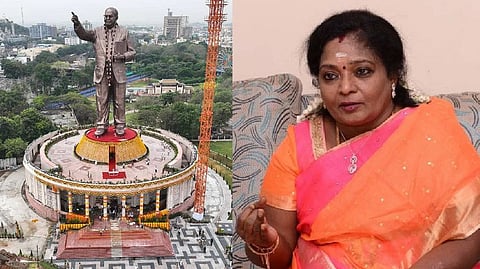125-feet statue of Dr BR Ambedkar on the banks of Hussain Sagar Lake in Hyderabad (left); Telangana Governor Tamilisai Soundararajan (right)