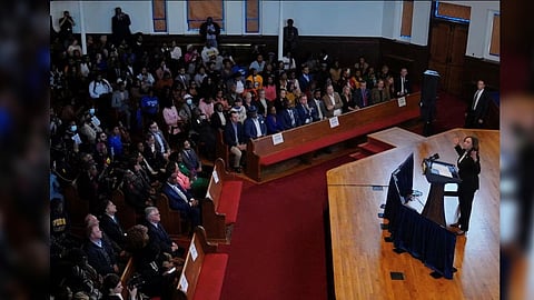 U.S. Vice President Kamala Harris speaks during an address after the Tennessee House of Representatives voted to expel two Democratic members, representatives Justin Pearson and Justin Jones, for their roles in a gun control demonstration at the Tennessee State Capitol, in Nashville, Tennessee