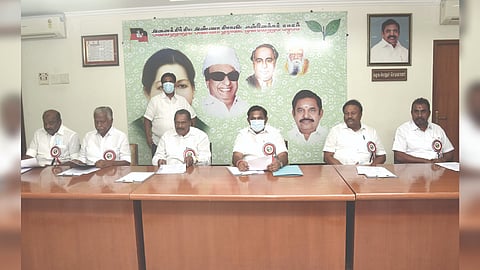 AIADMK presidium chairman A Tamil Mahan Hussain conducting the executive committee meeting in Chennai on Sunday
