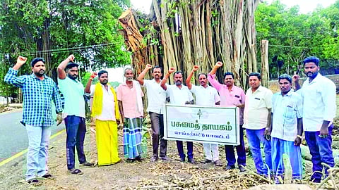 Members of Pasumai Thaayagam stage protest against felling of trees along ECR in Mahabalipuram
