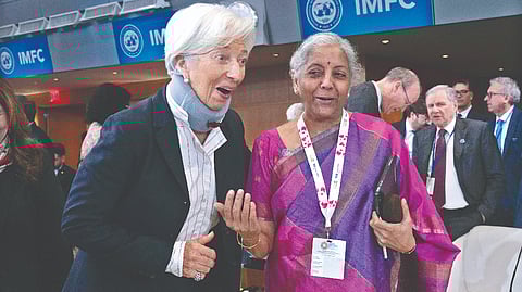 European Central Bank president Christine Lagarde with
Finance Minister Nirmala Sitharaman at the IMF meeting venue