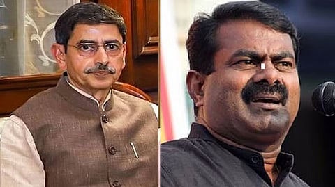 (L) Governor RN Ravi; Naam Tamilar Katchi coordinator Seeman(R)