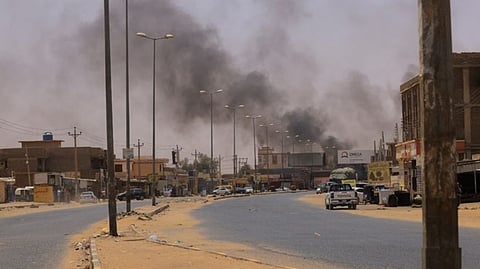 Smoke rises in Omdurman, near Halfaya Bridge, during clashes between the Paramilitary Rapid Support Forces and the army as seen from Khartoum North