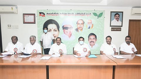 AIADMK presidium chairman A Tamil Mahan Hussain chairs the meeting