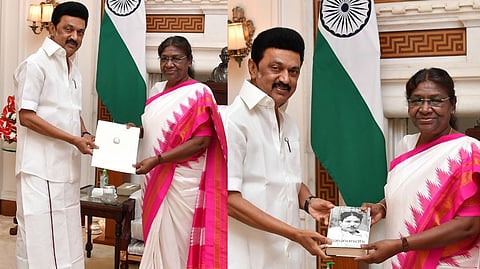 Stalin hands the invite; he hands the biography of M Karunanidhi