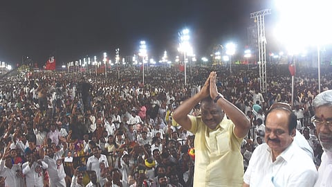 Ousted AIADMK leader O Panneerselvam greeting huge number of cadre gathered for a meeting in Tiruchy on Monday