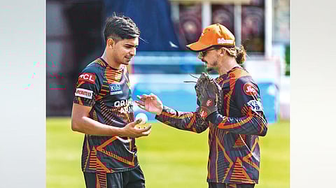 SRH?s Kartik Tyagi (left) listens to bowling coach Dale Steyn