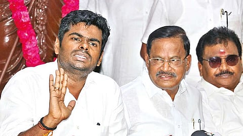 BJP state president K Annamalai addressing reporters at Kamalalayam in Chennai on Friday