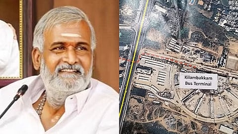 (L) PK Sekar Babu; Layout view of Kilambakkam bus terminus (R)