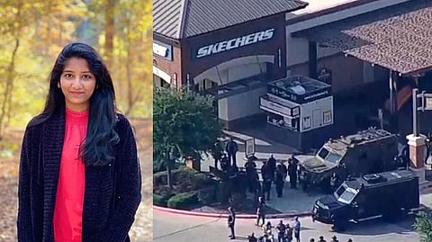 Aishwarya Thatikonda (left); Scene of the shooting in Allen, Texas