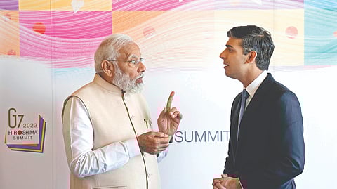 PM Modi with UK premier Rishi Sunak at G7 summit on Sunday