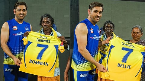 Captain MS Dhoni presented personalised CSK jerseys to Elephant Caregivers Bomman and Bellie