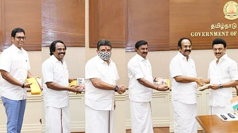TRB Rajaa, Mano Thangaraj, PTR, Thangam Thennarasu met with Chief Minister M K Stalin on Thursday