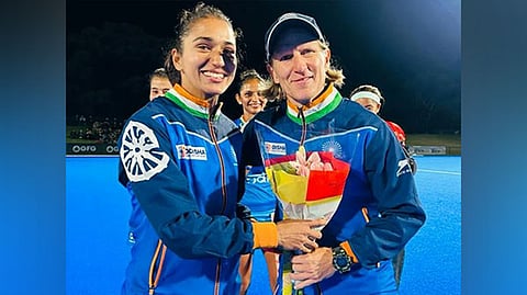 Indian women's hockey team midfielder Monika with coach Janneke Schopman