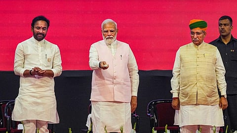 PM Narendra Modi with Union Minister for Culture G Kishan Reddy and Minister of State for Culture Arjun Ram Meghwal during the inauguration of International Museum Expo 2023, in New Delhi, on May 18, 2023.